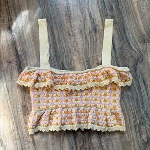 Zara Crochet Knit Beige and Orange Ruffled Crop Top